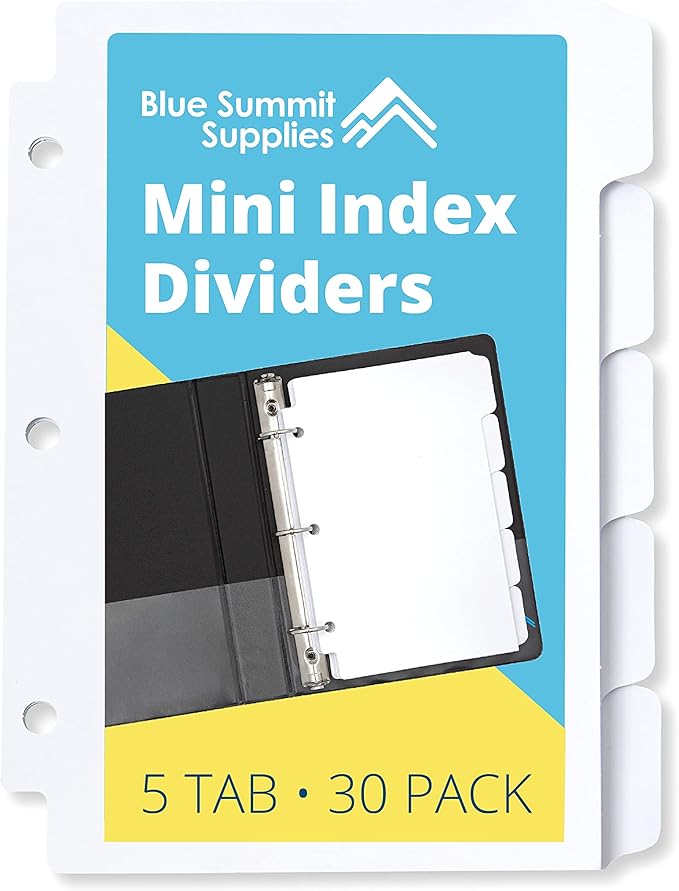 Blue Summit Supplies 5 Tab Mini Tab Dividers, White, 5 Mini Binder Dividers with 3 Hole Punch, for Notebooks and 3 Ring Binders, 5.5 x 8.5 Inches, Heavy Duty Paper, Set of 6, 30 Dividers