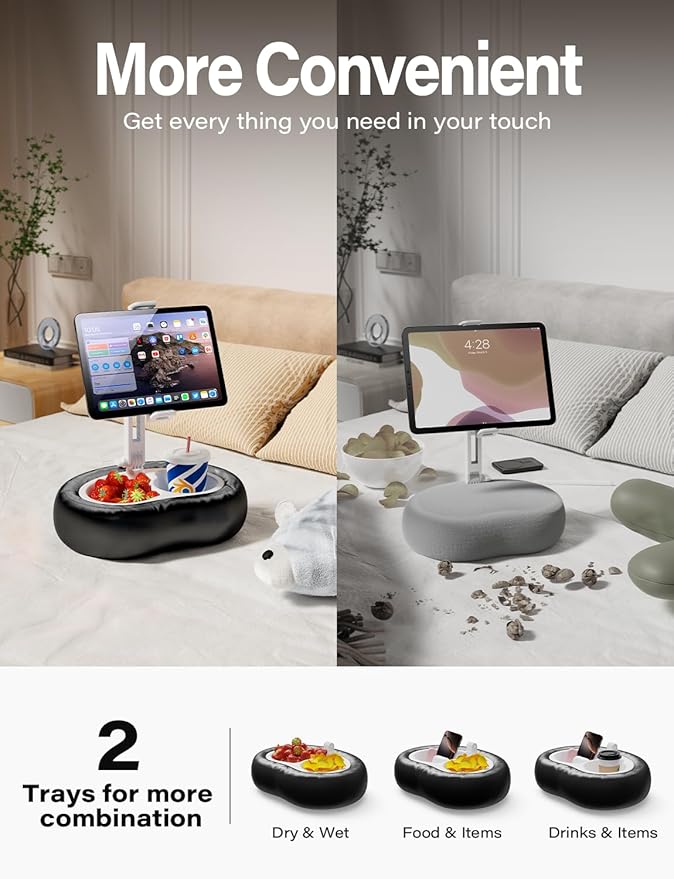 Tablet Kindle Pillow Stand Holder with 2 Trays Fit 4''-13'' Phone/Tablet/Kindle iPad Holder Stand for Bed with Soft PU Leather Reading Accessories Gift for Reading, Black