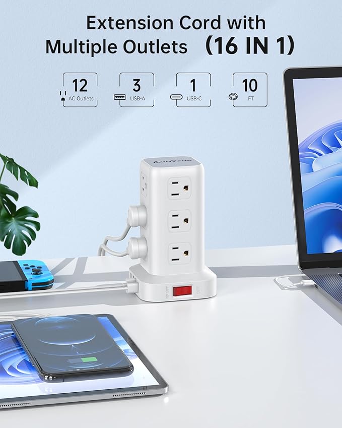 Surge Protector Power Strip 10 FT Cord, Power Strip Tower with 4 USB Ports (1USB C), Extension Cord with 12 AC Multiple Outlets, Home Office Supplies Desk Accessories, Dorm Room Essentials