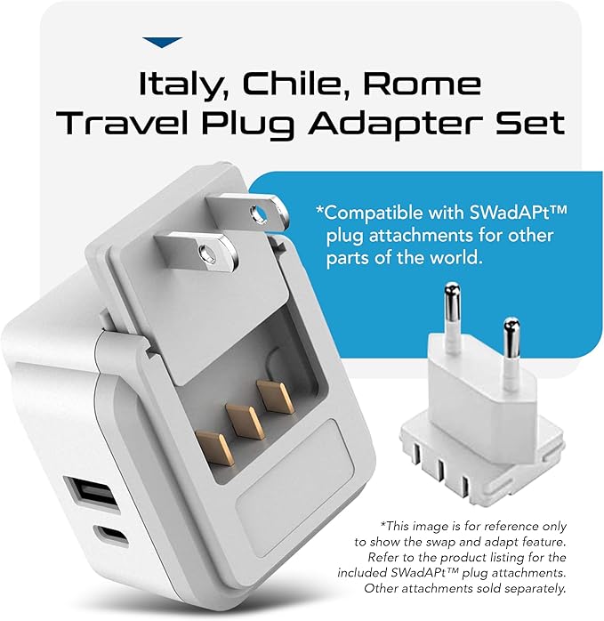 Ceptics Chile, Rome, Italy Travel Plug Adapter Set, Chile plug adapter USB-USB-C 20W PD-QC 18W, 2 Outlet, US to Italy plug adapter for Lybia, Uruguay Includes Type C, L SWadAPt Attachments - PAK-IT
