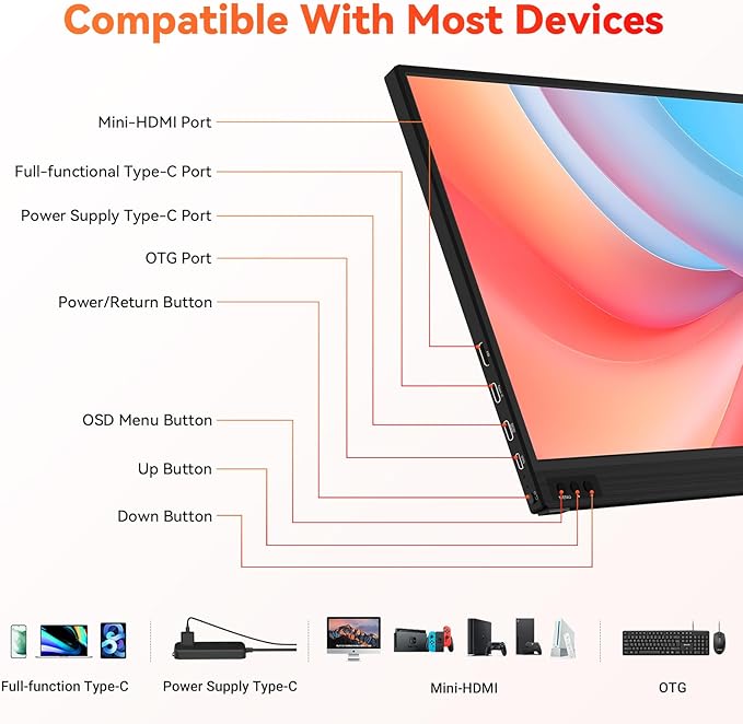 HotYeah Portable Monitor, 15.6-in 1080P FHD Laptop Monitor USB-C HDMI External Computer Display FreeSync IPS w/Kickstand, 2nd Screen for Laptop PC Mac Phone Tablet Switch PS5 Xbox