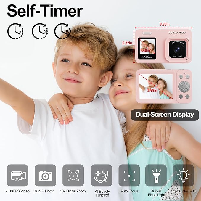 Upgraded 5K Dual Screen Digital Camera,80MP Vlog Photography Camera for YouTube,Campus,Travel,Compact Point & Shoot Camera for Teens & Beginners with Autofocus,18x Zoom,Anti-Shake,Pink