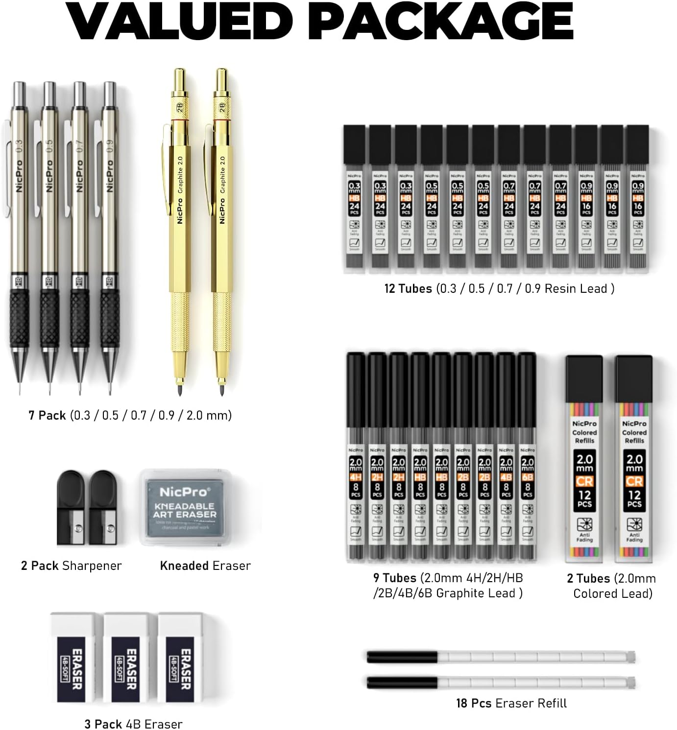 Nicpro 37PCS Gold Art Mechanical Pencil Set, 4PCS Metal Drafting Pencil 0.3/0.5/0.7/0.9 mm & 2PCS 2mm Lead Holder (6B 4B 2B HB 2H 4H) School Supplies for Sketching Drawing with 23 Tube Lead Refills
