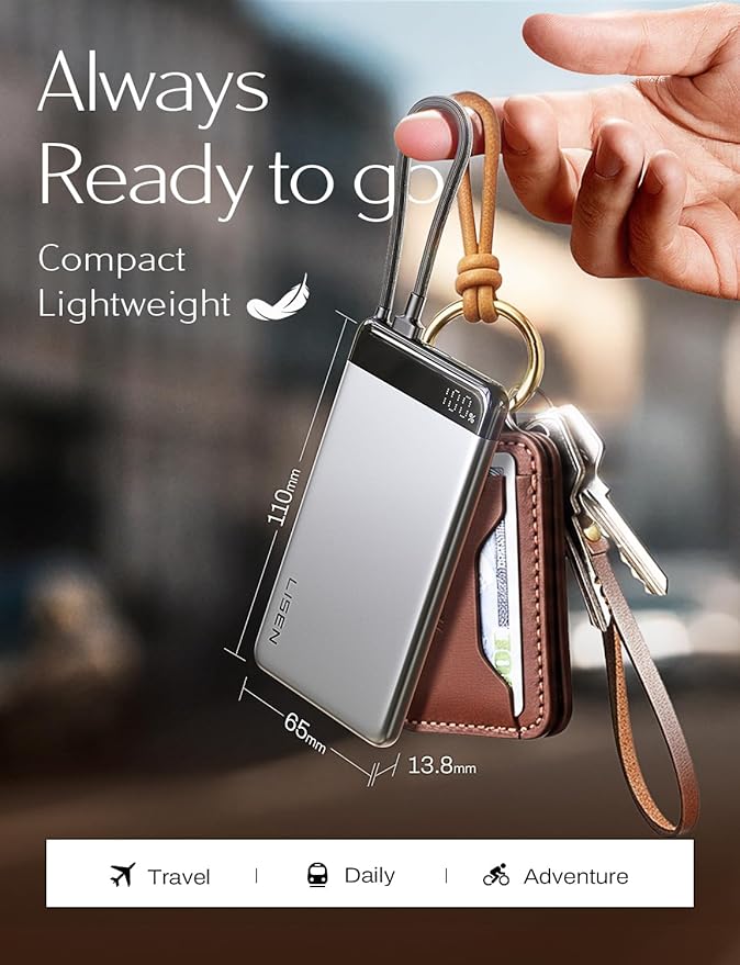 LISEN 0.5" Ultra Slim Portable Charger Power Bank [10000mAh 22.5W] CCC Certified Power Bank TSA Approved, Airplane Gadgets for Global Travel Essentials Portable Battery Pack with Built-in USB C Cable