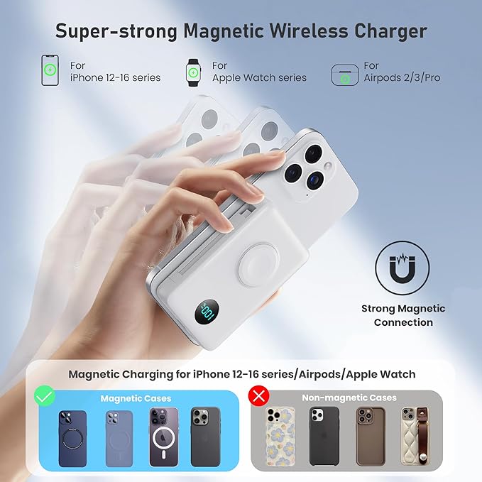 Magnetic Portable Charger for iPhone with Built-in Cables, 6-in-1 10800mAh Power Bank with iWatch Charger & LCD Display,25W Fast Charging Battery Pack for iPhone 16/15/14/13/12,Apple Watch (White)