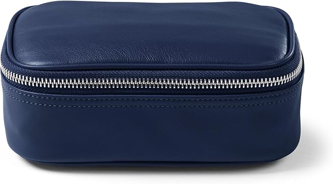 Leatherology Navy Blue Small Travel Organizer – Full-Grain Leather Tech & Toiletry Case with Zipped Mesh Pocket, Elastic Loops & Water-Resistant Lining