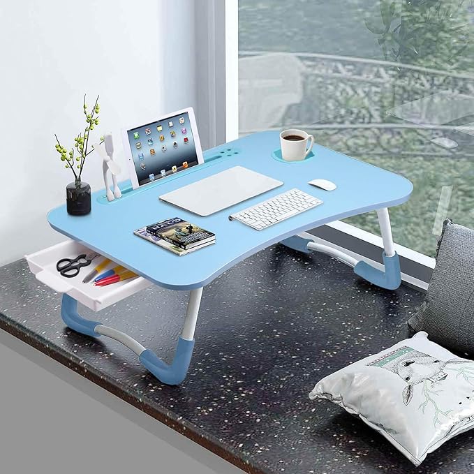 Slendor Lap Desk with Tablet Slot, Foldable Laptop Table with Storage Drawer for Bed，Portable Bed Desk for Laptop, Computer Tray with Cup Holder Notebook Stand Reading Holder for Couch Floor, Blue