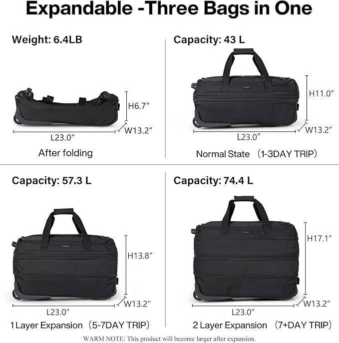Hanke Expandable Carry On Luggage Suitcases with Wheels Foldable Duffle Bag for Travel Carry On suitcase Weekend Bag for Women Men（Black）