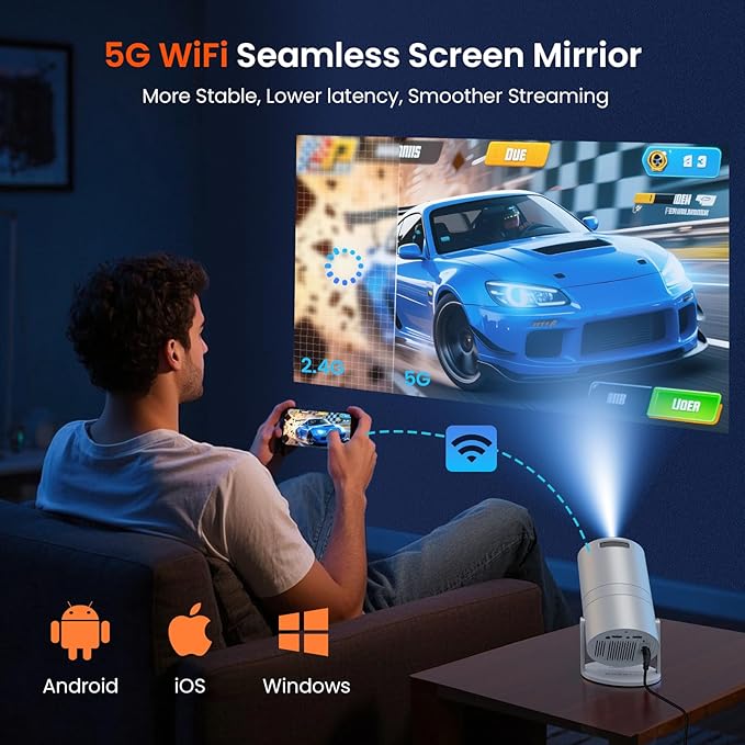 Mini Projector with WiFi and Bluetooth, Portable Movie Projector with 180° Rotatable, 1080P HD Supported, Auto Vertical Keystone, Compatible with Smartphone, TV Stick, Laptop, HDMI, USB