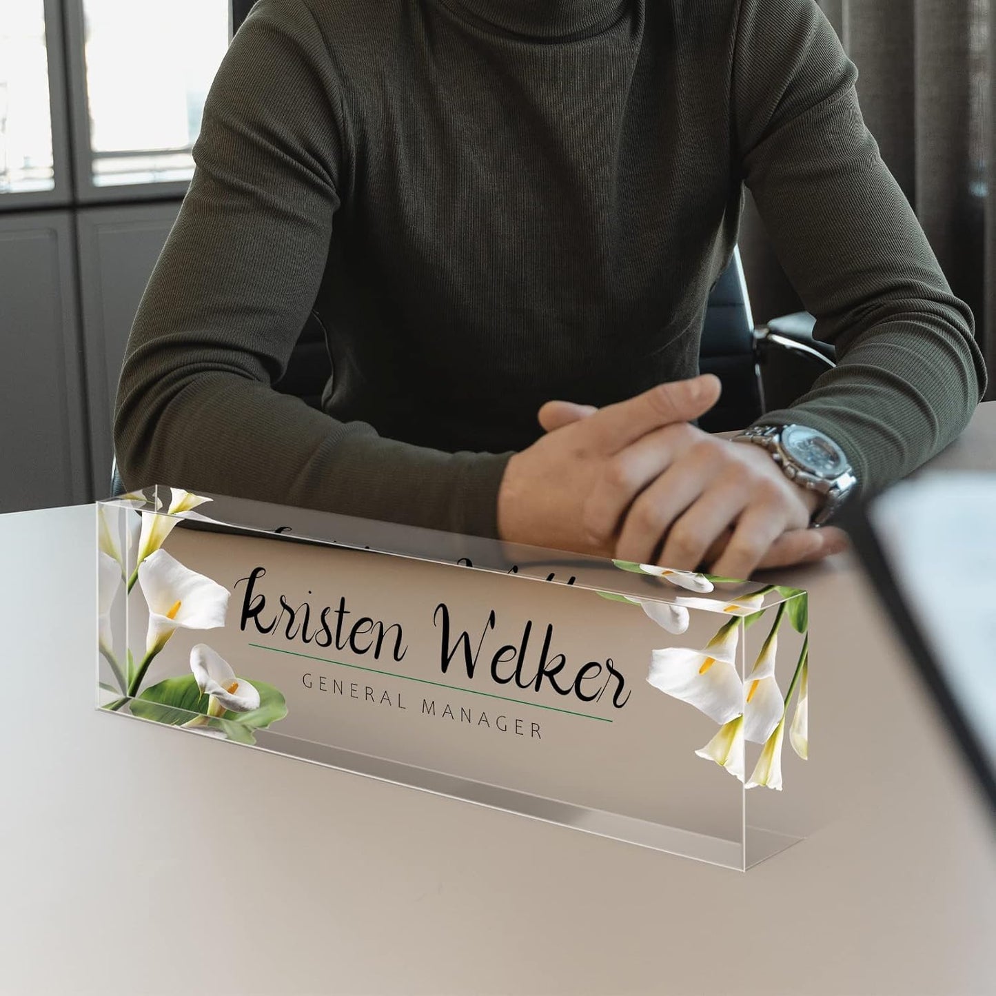Desk Name Plate Personalized, Premium White Calla Lily Acrylic Desk Name Plate, Personalized Name Plate for Desk, Office Decor for Women or Men Coworkers, Boss, Employee, Teacher