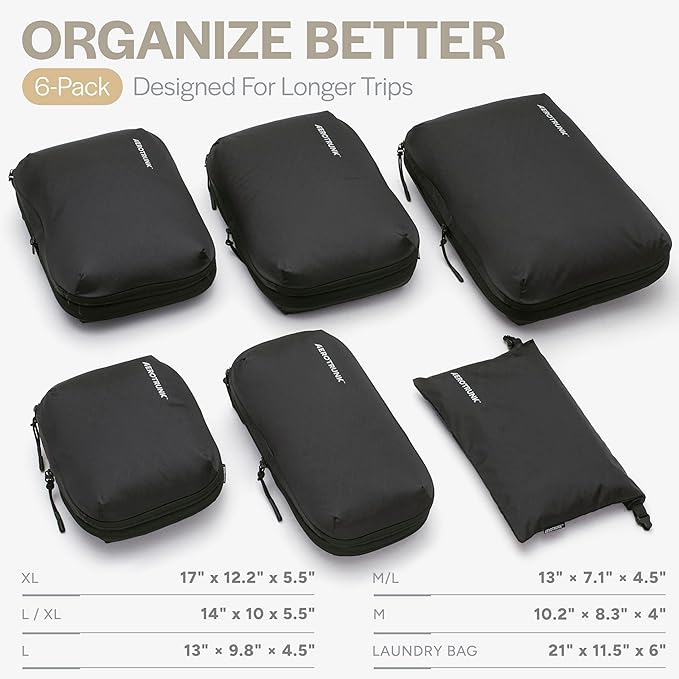 Aerotrunk Ultralight Compression Packing Cubes - Lightweight Travel Organizers for Suitcases and Luggage (6-Pack, Black)