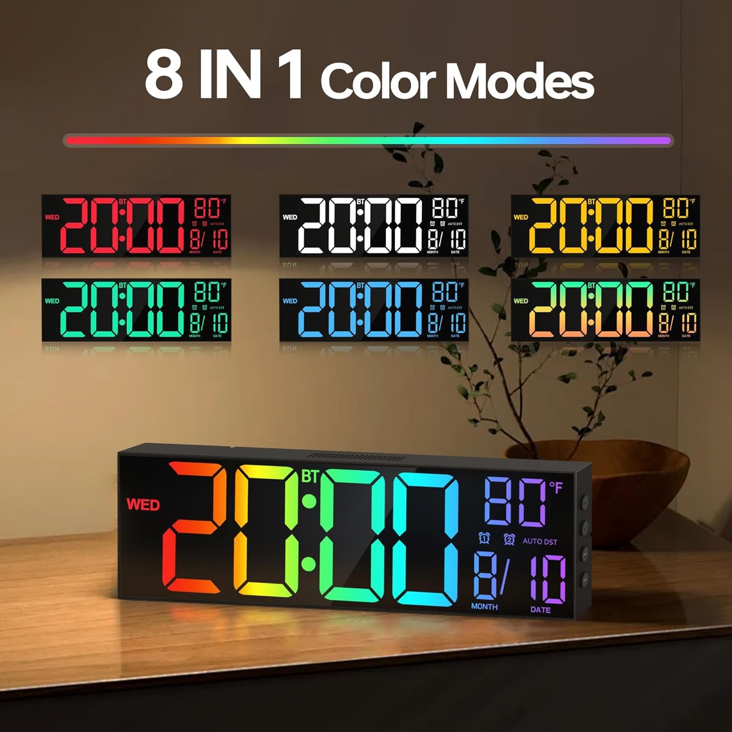 JALL 16.2" Large Digital Wall Clock with Seconds, Bluetooth Sync, Alarm Big LED, RGB Color, DST Temperature for Classroom Bedroom Garage Gym, Mount, Xmas, Birthday Gift for Aged Elderly Mother Father