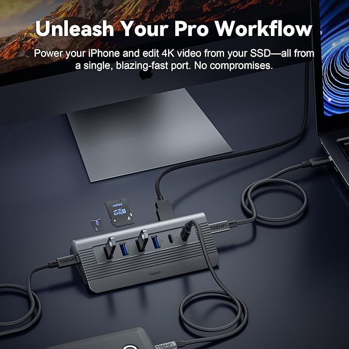 10-in-1 USB C Hub, 10Gbps USB 3.2 Gen 2 & 4K 60Hz HDMI Multiport Adapter | Docking Station with Detachable Cable, 100W Power Delivery, SD/TF for MacBook Pro/Air M4 M3, Dell XPS (Space Gray)