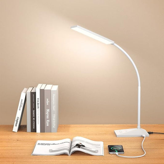 Vansuny LED Desk Lamp with USB Charging Port, Eye-Caring, 5 Color Modes,6 Brightness Levels, Touch Control, Flexible Gooseneck, Memory Function for Dorm Office Work Bedroom (12W,White)