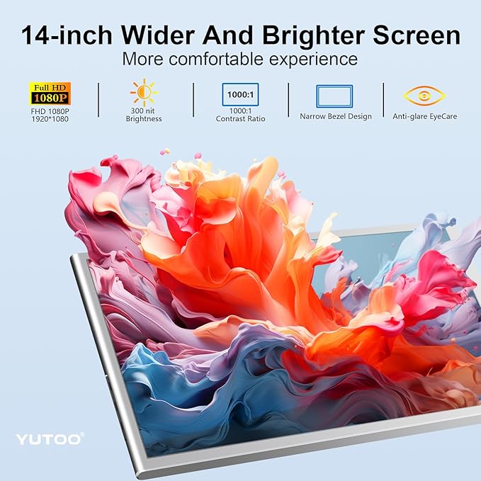YUTOO Laptop Screen Extender, 14" Portable Triple Monitor for Laptops 315° Rotate| Plug and Play| 1080P| FHD, Laptop Monitor Extender for 13.5~16.5" Laptops, HDMI/USB-A/Type-C,for Mac/Wins/Android/Dex