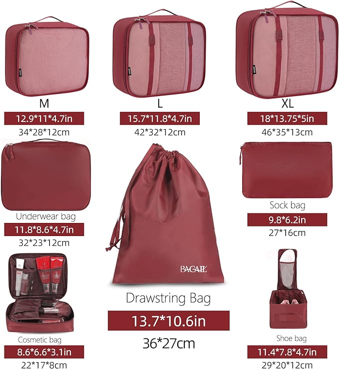 BAGAIL 8 Set Packing Cubes Luggage Packing Organizers for Travel Accessories-Wine Red
