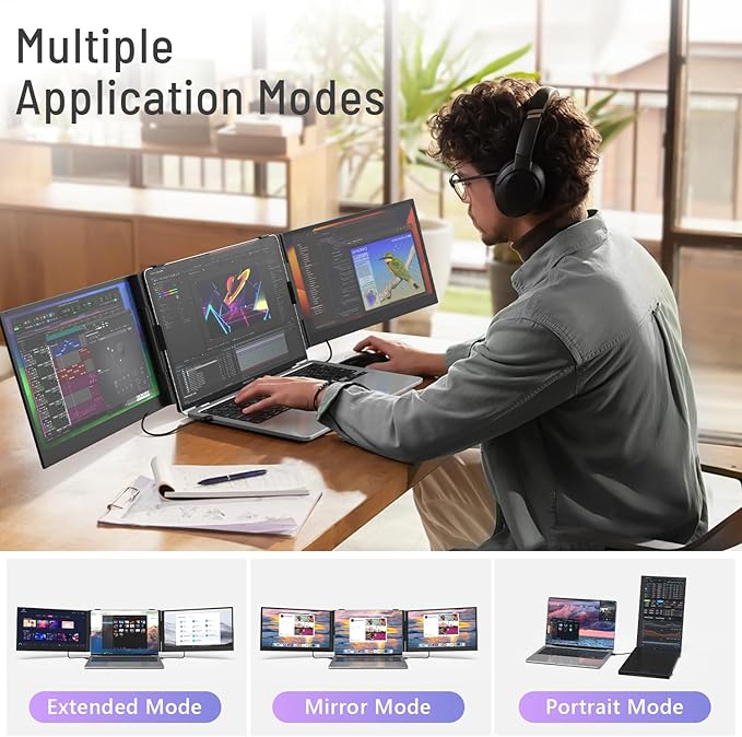14" Triple Laptop Screen Extender, 1080P FHD IPS Ultra-Slim Portable Dual Monitor for Laptop, USB C HDMI Plug-Play Monitor Extender for Triple Display for MacOS/Windows, Fits 13-17.3" Laptops