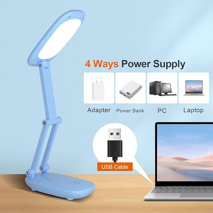 LED Desk Lamp for Office & Home, Battery Operated, Foldable & Portable Light, 2-Fold Bracket, 3 Brightness Dimmable, Wireless Reading Lamp (Blue)