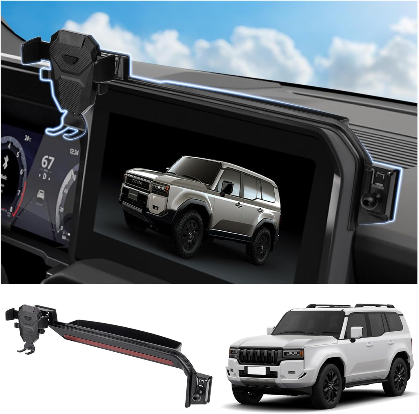 FIILINES Phone Holder for Toyota Land Cruiser 2024-2025 (Fit 12.3" Touch Screen), Phone Mount with Dash Organizer for Land Cruiser Accessories, 360 Degree Rotation Dash Mount Cell-Phone Holder