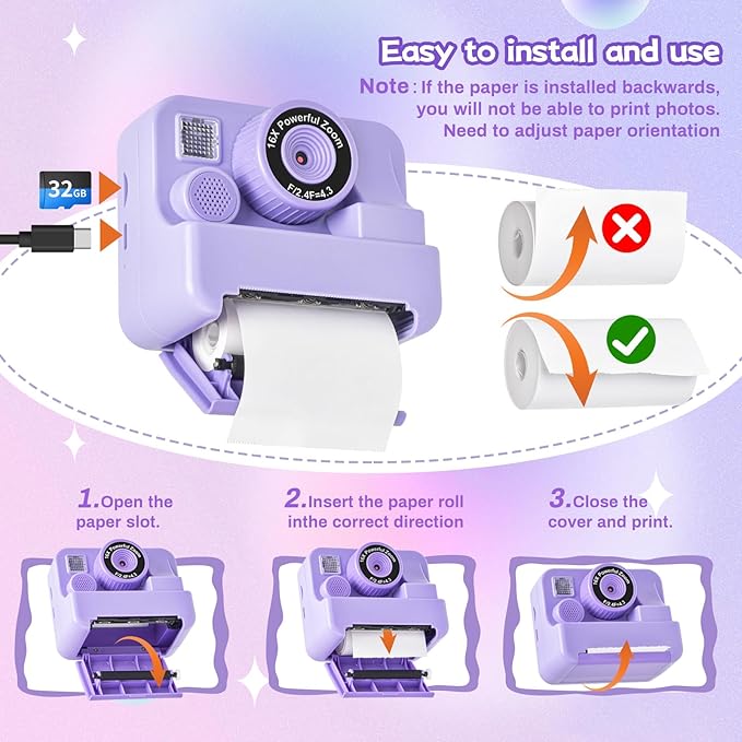 Kids Camera Instant Print, Dual Cameras Photo 1080 HD 2.4 Inch Screen Toddler Print Camera with 3 Prints Paper & 32 G,Christmas Birthday Gifts for Girls Boy 3 4 5 6 7 8 9 1s0 11 12 Year Old