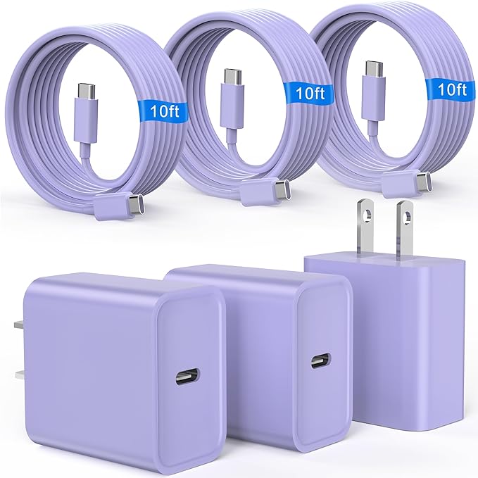 iPhone 17 16 15 Charger Fast Charging, 3 Pack PD 20W USB C Charger with 10FT Cord, USB C Cable Type C Chargers Block for iPhone 17/17 Pro/17 Pro Max/16/16 Plus/16 Pro/16 Pro Max/15/15 Pro（Purple）