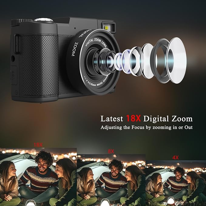 5K Digital Camera for Photography 64MP Auto-Focus Vlogging Camera for YouTube 3" 180° Flip Screen Compact Travel 18X Digital Zoom, Anti-Shake 2 Batteries & 32GB TF Card