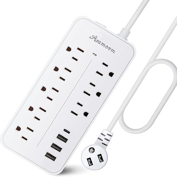 10FT Surge Protector Extension Cord with USB C, Flat Plug Power Strip - 8 Outlets & 3 USB Ports (A x 2, C x 1), Wall Mount Desk Power Strip - White, ETL Listed