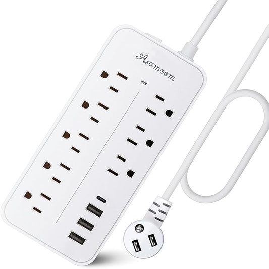 25FT Surge Protector Power Strip Extension Cord with USB C, Asamoom Flat Plug Power Strip with Long Cord, 8 Outlets and 4 USB Port,1700J Surge Protector for Home Office White, ETL Listed