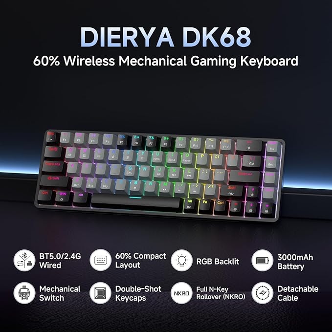 DIERYA DK68 60% Wireless Mechanical Gaming Keyboard, 3 Modes Bluetooth/2.4GHz/USB-C with Red Linear Switch, RGB Backlit, Anti-Ghosting, 68-Key Compact mini keyboard for Windows/macOS/Linux- Black/Grey