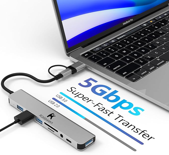 Kalawen USB C Hub USB Hub 3.0, Aluminum 8 in 1 USB Splitter with 1 x USB 3.0, 3 x USB 2.0 and 1 x USB C, SD/TF Card Reader, 3.5mm Aux Ports for MacBook/Pad Pro Laptop Devices