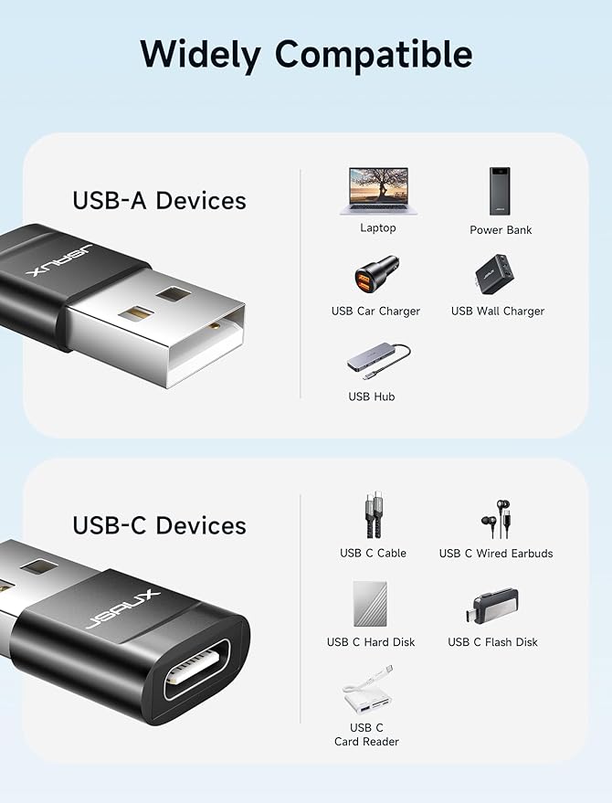 JSAUX USB C Female to USB Male Adapter (5-Pack) 3.1A Fast Charging Compatible with iPhone 17 16 15 14 13 Pro Max, Apple Watch, Galaxy Watch, Samsung S25 S24 S23 S22, CarPlay, Android Auto-Black