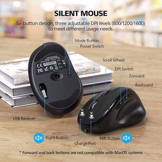 Bluetooth Wireless Mouse Ergonomic Vertical for Laptop Computer Macbook iPad Tablet Rechargeable Silent Click USB Carpal Tunnel Right Hand Compatible with Windows iOS Mac OS Android Black