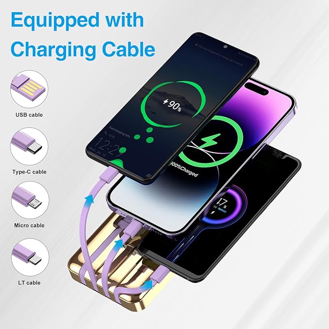 Portable Charger 12000mAh with Built-in Cables,22.5W Fast Charging Power Bank,USB C Input/Output,Smart LED Display,Compact External Battery for iPhone 15,Samsung Galaxy,iPad,Tablets