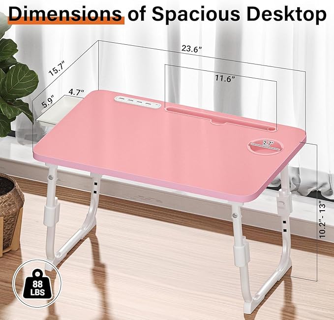 Bed Desk Height Adjustable, Bed Laptop Table with USB/Storage Drawer/Cup Holder/Tablet Stand/Book Shelf, Foldable Breakfast Tray Portable for Reading Writing, Bed, Sofa & Floor, Wood, Pink