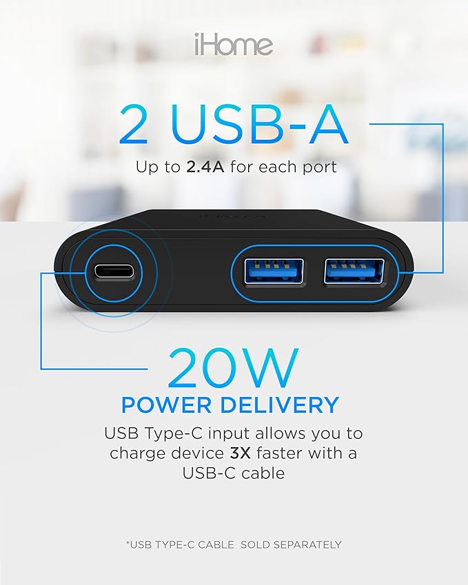 iHome 32W AC Pro Multi Port USB Wall Charger Block - Charging Station for Multiple Devices with 3 Ports (1 USB-C, 2 USB-A) - Fast Charging, Universal Compatibility (Black)