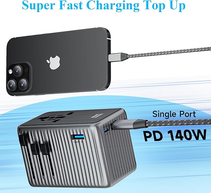 Minthouz Universal Travel Adapter, International 140W Power Adapter GaN PD Fast Charger with 3 USB-C PD & 1 USB-A Port, All-in-One Portable AC Worldwide Power Converter Plug for USA EU UK AUS and More