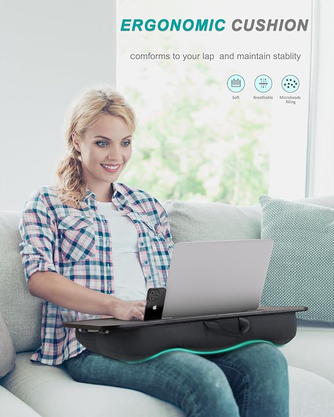 Lap Desk, Portable Laptop Stand with Washable Cushion, Fits up to 17 inch Laptop, with Device Ledge and Phone Holder, Use on Bed,Couch, Sofa, Floor, Home Office– ISTUDYNITURE (Large, Black)