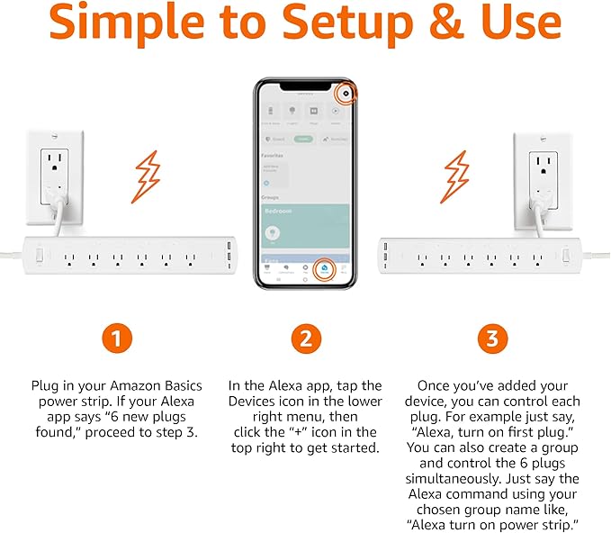 Amazon Basics Smart Plug Power Strip with 6 Individually Controlled Outlets and 3 USB Ports (2 USB-A and 1 USB-C), Works with Alexa Only, 2.4 GHz Wi-Fi, No Hub Required, White