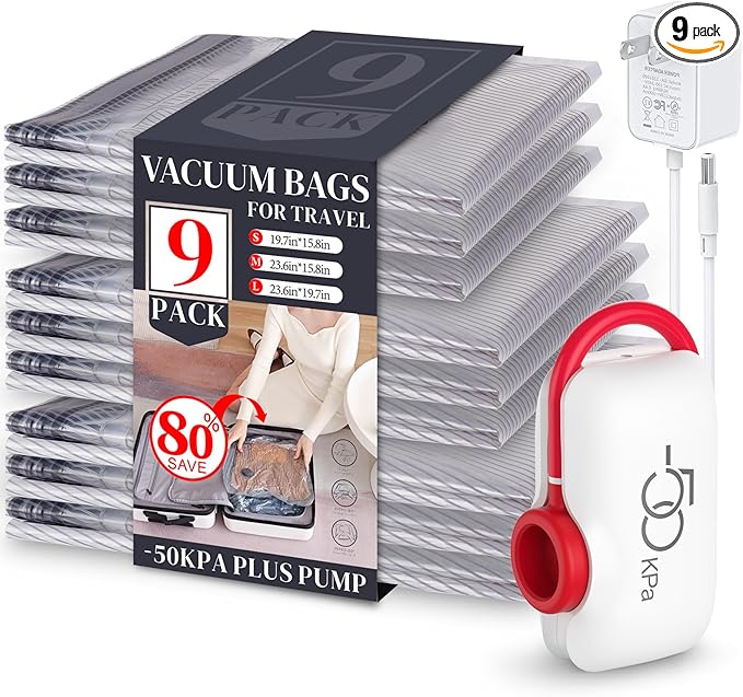 VMstr 9 Pack Vacuum Storage Bags for Travel, Carry-on Size Space Saver Bags for Luggage Clothes and Clothing Compression Packing, High Pressure Electric Pump(DC Power)