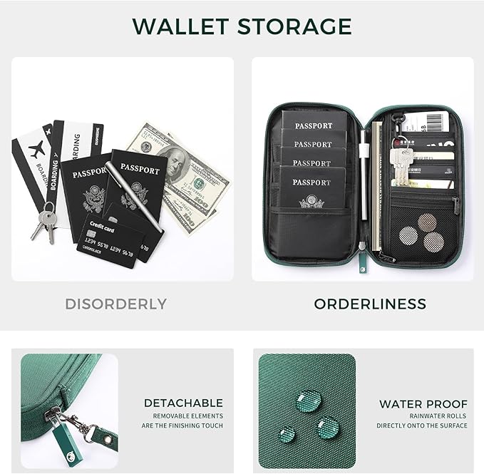 Travel Passport Holder, Large Family Passport Walle for Men Women RFID Passport Cover Lightweight Portable Document Organizer with Wrist Strap (Green)