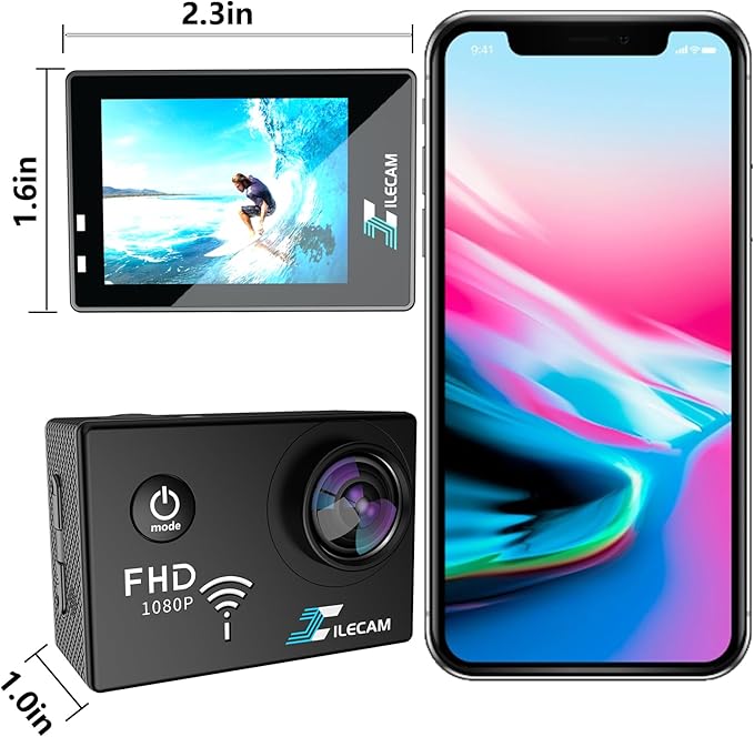 Action Camera 1080P WiFi Sports Camera 4xZoom Action Camera 40m/131ft Underwater Waterproof with 2 X1050 mAh Batteries and Multi-Function Accessory (X2T)