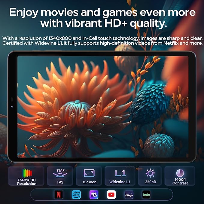 Android 15 Tablet 8.7 inch, Octa Core, 16GB RAM, 128GB ROM, 1TB Expandable, 8.7" HD IPS 1340x800, 5MP+8MP Camera, 5G WiFi+BT5.0+GPS, Type-C, with Headphone Jack, Leather Case Included