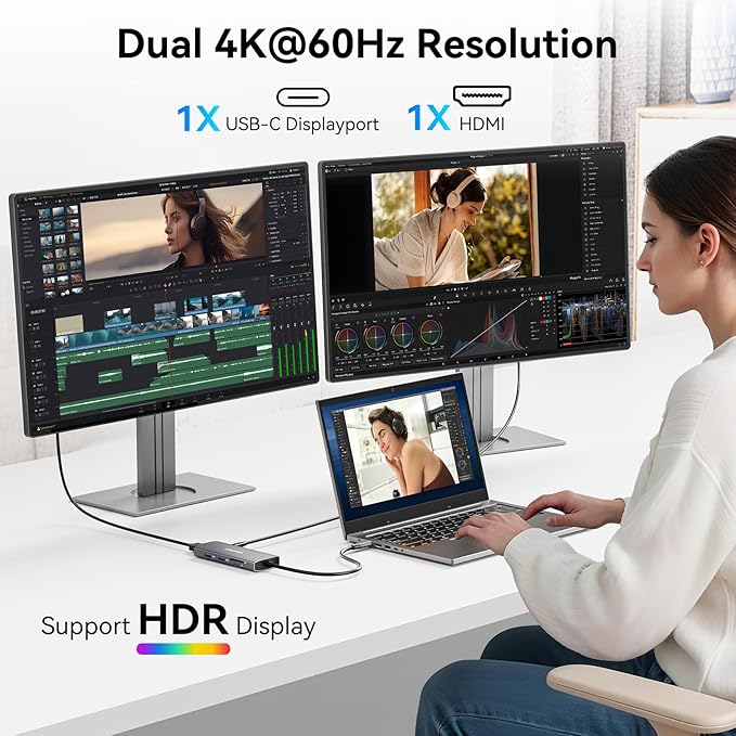 USB C Video Output Hub, 3 USB-C & 2 USB-A 3.2 10Gbps Ports, 4K@60Hz HDMI, 100W PD, SD/TF, USBC Splitter Dual Monitor Adapter for MacBook Pro/Air, iMac, iPad Pro, XPS, Surface, Galaxy S22,Samsung DEX