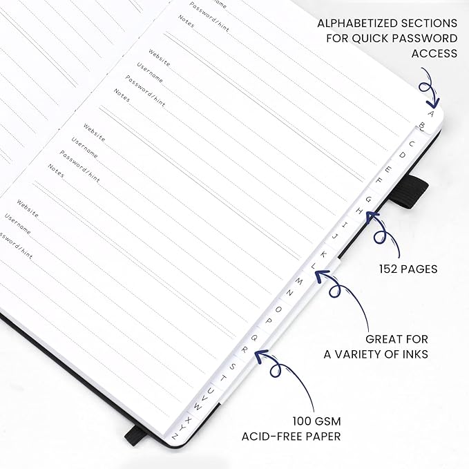 Password Book with Alphabetical Tabs, Hardcover Password Keeper, A5 Size 8.3"x6" Password Notebook for Saving Internet Login, Username, Password Organizer for Computer & Website Logins(Black)