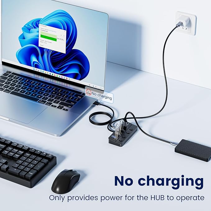 Qeefun 4-Port USB 3.0 Hub, Individual LED Power Switches, 5Gbps Data Transfer USB Splitter with 2ft Extension Cable, Multiple USB Extender for Laptop, PC, iMac, USB Flash Drives and More