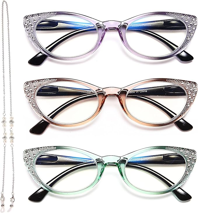 EYEURL Cat Eye Reading Glasses for Women Blue Light Blocking 3 Pack Computer Readers 1.25 Spring Hinge Anti UV Fashion Lightweight Frames Eyeglasses