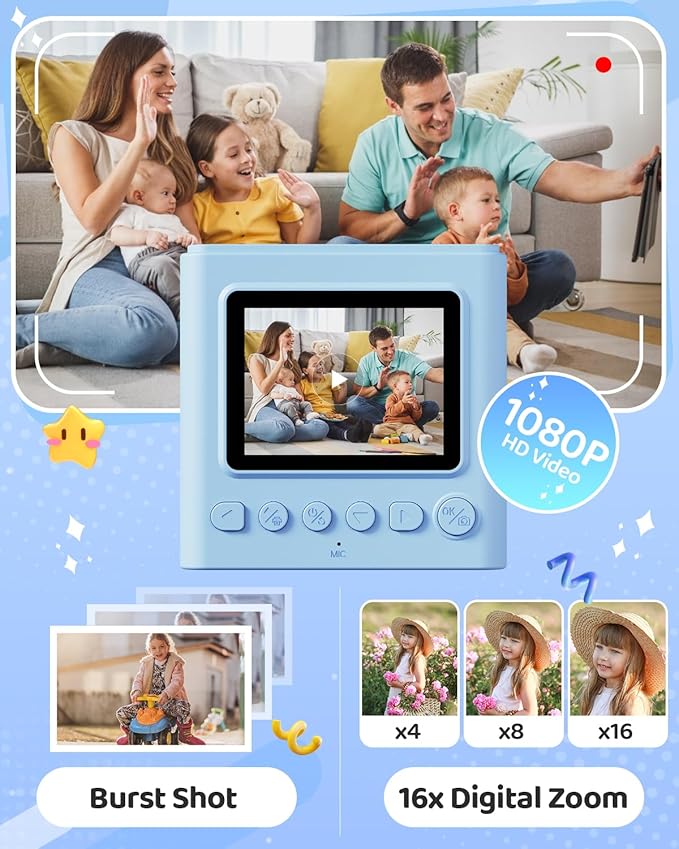Kids Instant Print Camera, Christmas Birthday Gifts for Girls and Boys, 1080P HD Video Digital Kids Camera with Print Paper & 32G Card, Toddler Toy for 3-14 Years Old (Blue)