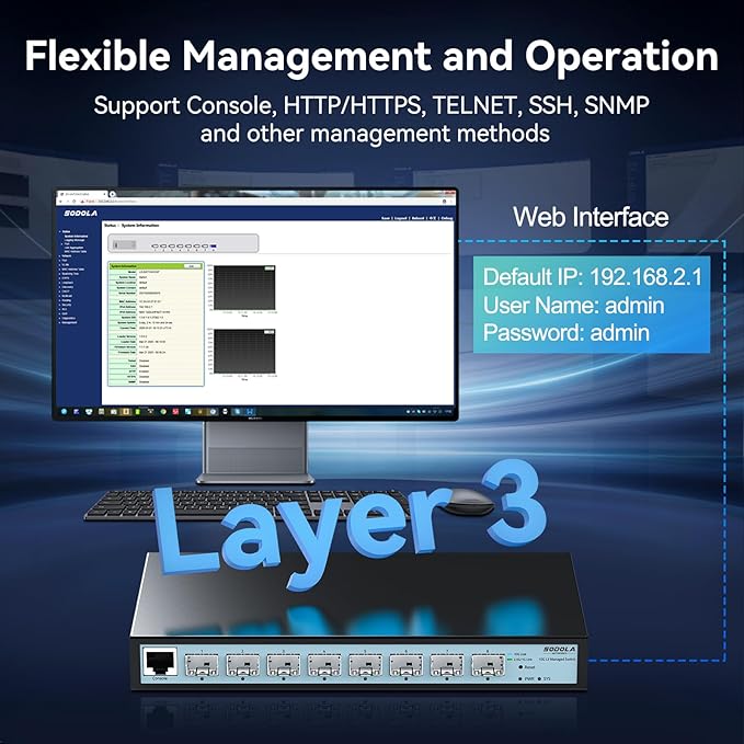 8 Port 10G L3 Managed Switch, 8X10G SFP+ Interface, Link Aggregation/QoS/VLAN/IGMP, Wall Mounted Fanless 10Gb SFP Network Switch（SFPPorts Only,Transceiver is NOT Included
