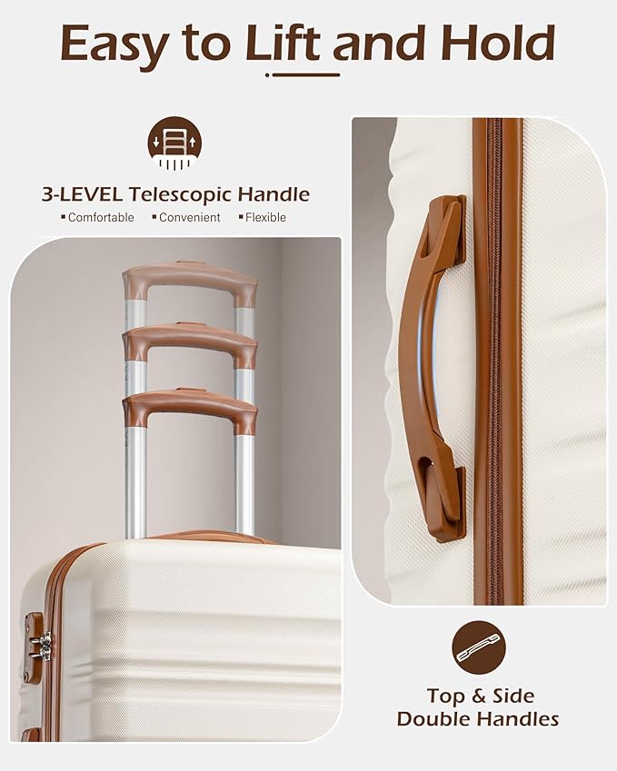 LONG VACATION Carry On Luggage Sets 3 Piece 20 Inch Suitcase Set, ABS+PC Hardshell Lightweight Travel Luggage with Spinner Wheels & YKK Zipper TSA Lock (20 INCH (BP/TB), WHITE-BROWN)