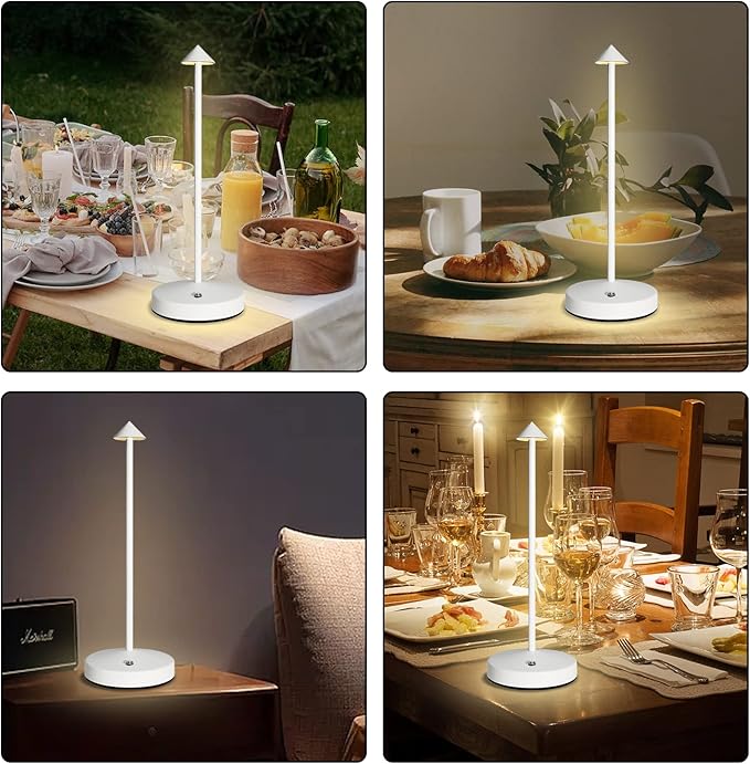 Cordless Table Lamps Rechargeable,White Battery Operated Table lamp in Aluminum,Portable LED Touch 2 Levels Brightness Dimmable Bar Lamp,Battery Operated Desk Lamp for Indoor/Outdoor